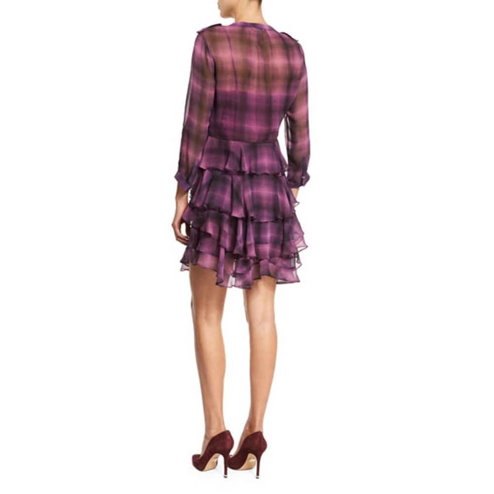 Rebecca Taylor Long Sleeve Plaid Ruffle Dress in Berry Size 2 Purple Black Sheer - Picture 3 of 16